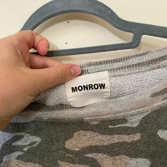 MONROW VINTAGE RAGLAN DUSTY PINK GRAY CAMO PULLOVER OFF THE SHOULDER SWEATER - Picture 7 of 8